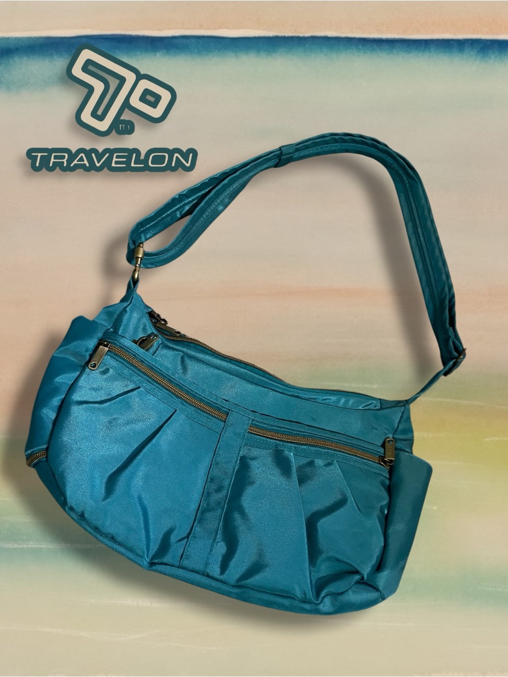 Travelon Anti-Theft Classic Hobo Crossbody Bag Teal Blue Nylon Multi-Pocket
